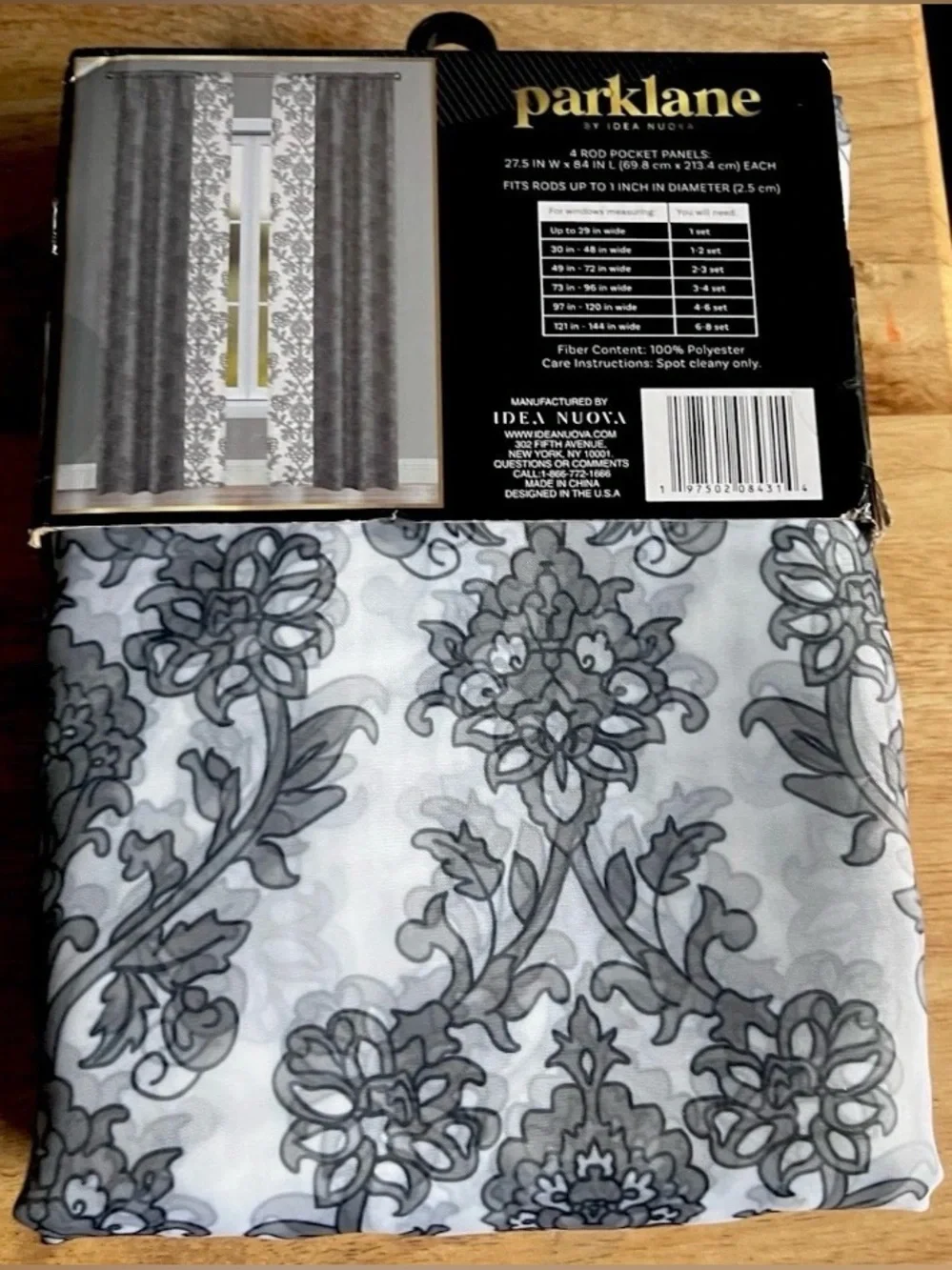 Parklane 4-Piece Light Filtering Window Curtain Panel Set 84” Gray Floral NEW